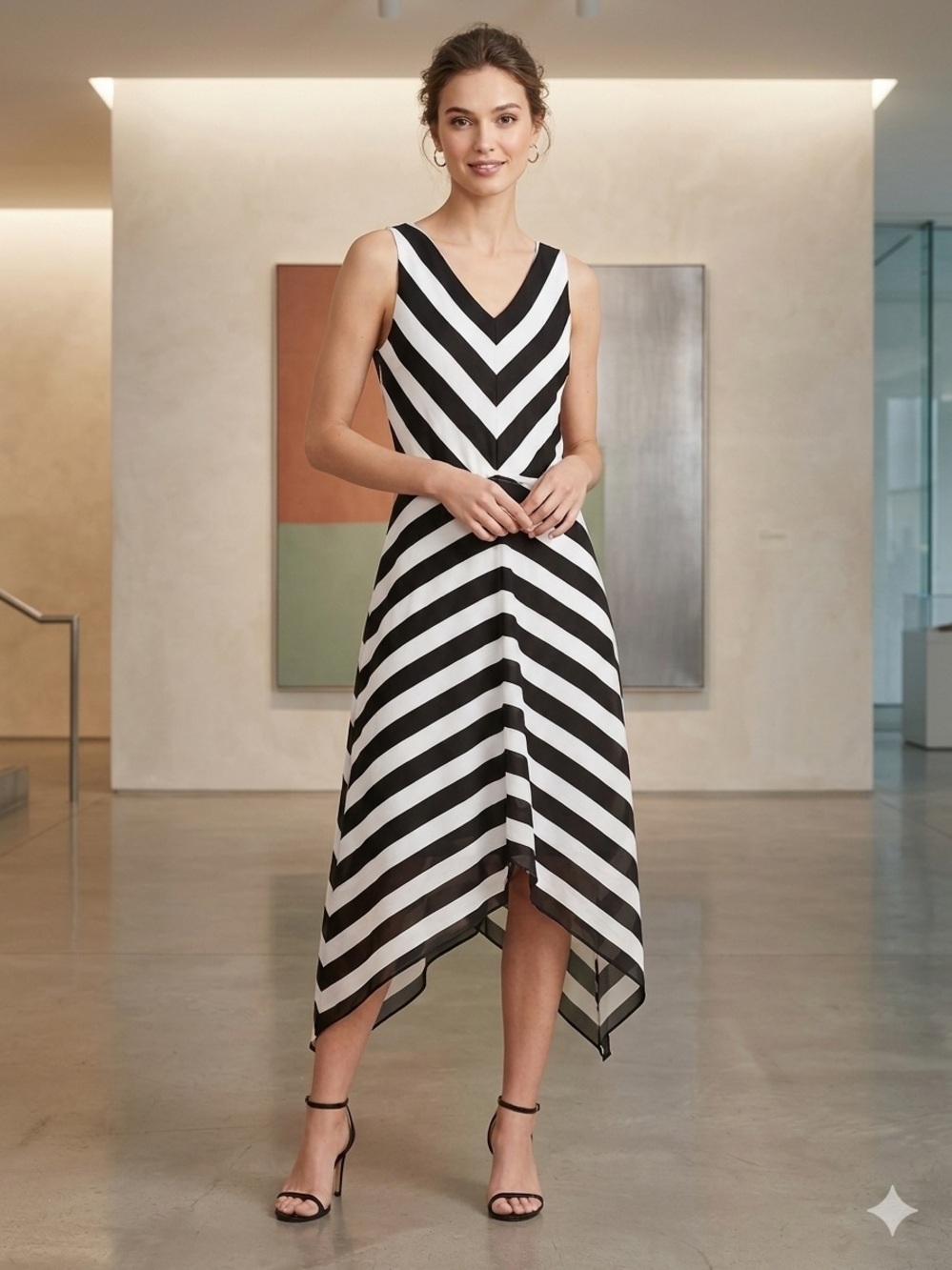 Chico's Black Label Striped V-Neck Draw String Waist Dress Lined Size 1 (8)